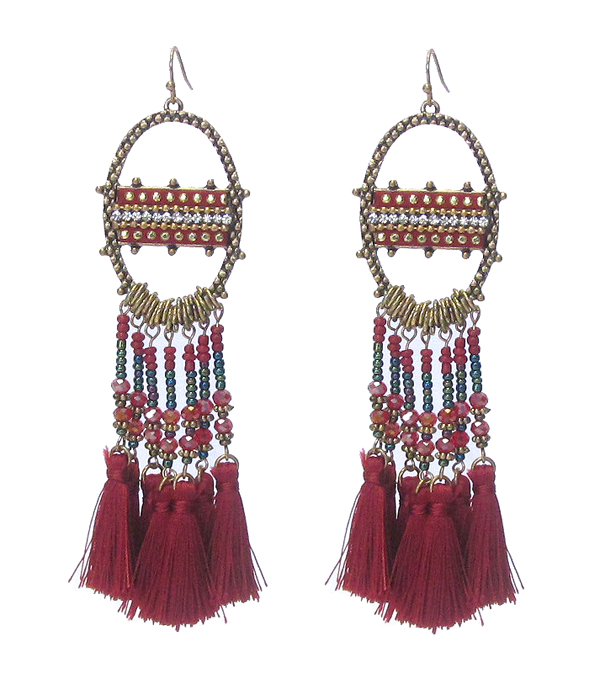 Boutique style multi glass seed bead and tassel drop earring