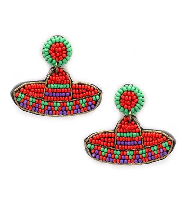 HANDMADE MULTI SEEDBEAD SOMBRERO HAT EARRING