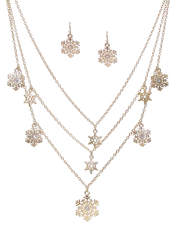Multi layer and snowflake charm dangle necklace set
