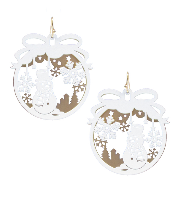 CHRISTMAS THEME PAPER THIN BRASS METAL DOUBLE DISC EARRING - SNOWMAN AND SNOW FLAKE
