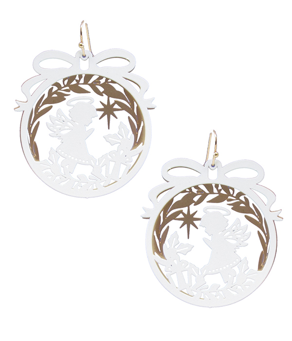 CHRISTMAS THEME PAPER THIN BRASS METAL DOUBLE DISC EARRING - GUARDIAN ANGEL