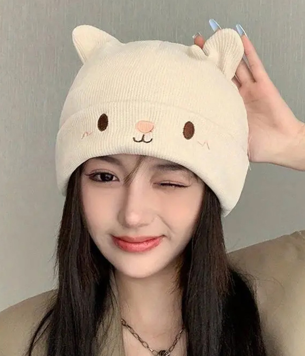 Knit acrylic stretch fabric beanie hat - cat ears