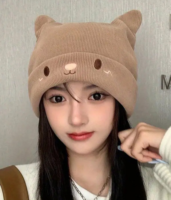 Knit acrylic stretch fabric beanie hat - cat ears