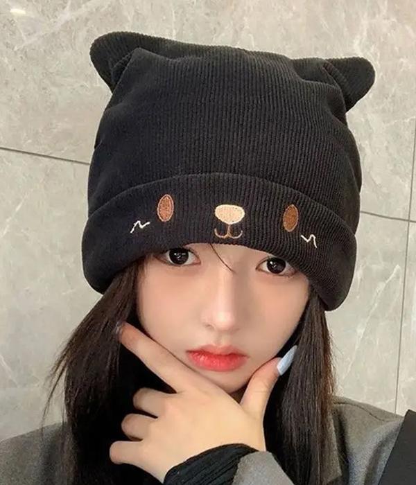 Knit acrylic stretch fabric beanie hat - cat ears