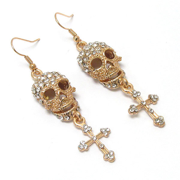 Crystal skull skeleton and cross drop earring -halloween
