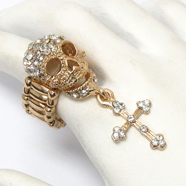 Crystal skull skeleton and cross drop stretch ring - halloween