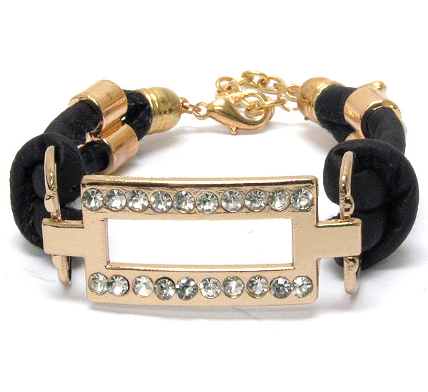 Crystal deco metal square and leatherette band tie bracelet