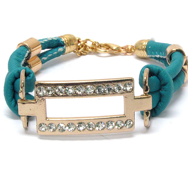 Crystal deco metal square and leatherette band tie bracelet