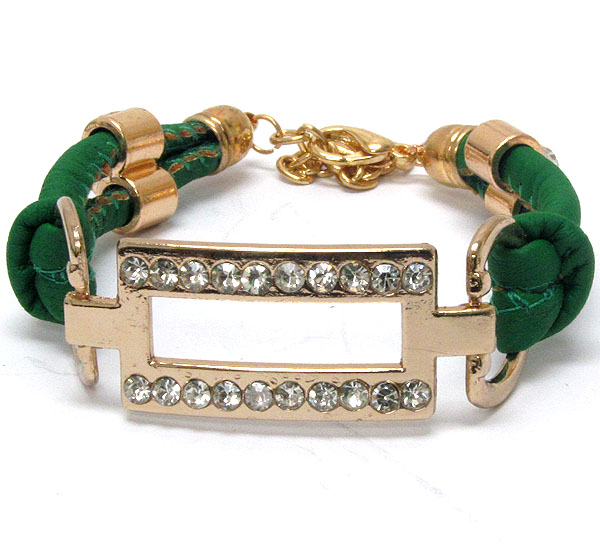Crystal deco metal square and leatherette band tie bracelet