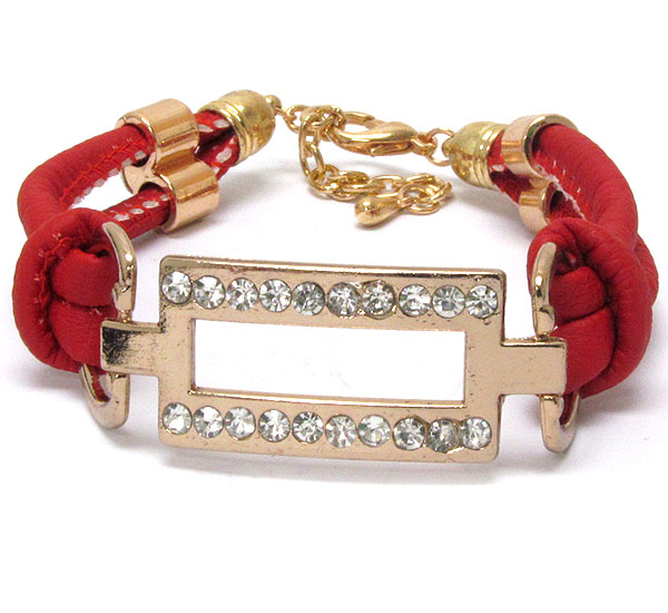 Crystal deco metal square and leatherette band tie bracelet
