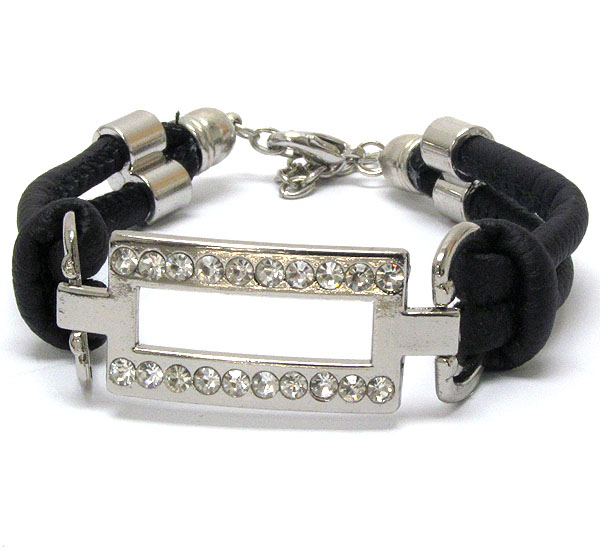 Crystal deco metal square and leatherette band tie bracelet