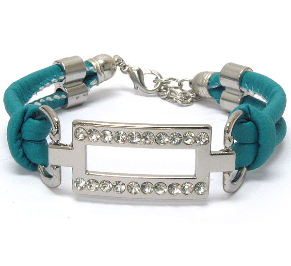 Crystal deco metal square and leatherette band tie bracelet