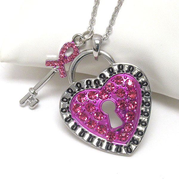 Crystal pink ribbon key and heart lock pendant necklace - breast cancer awareness