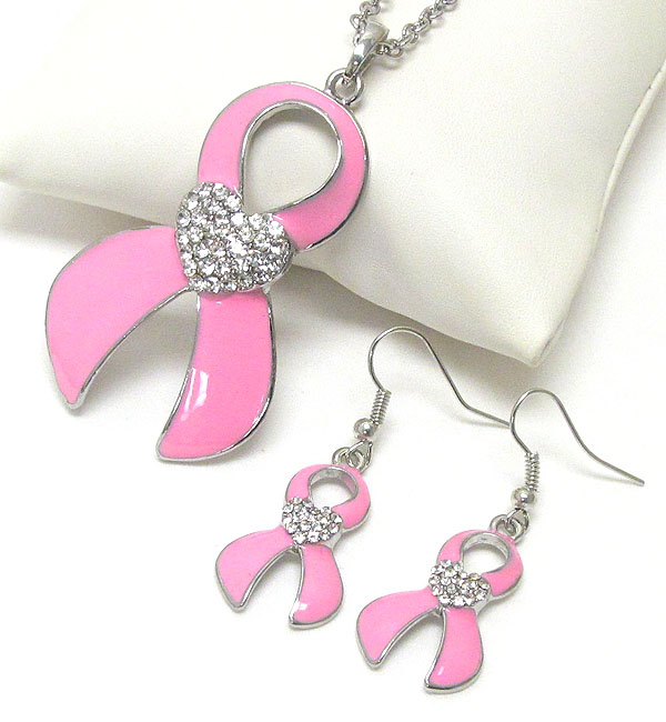 Crystal heart and epoxy pink ribbon necklace earring set - breast cancer awareness