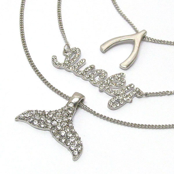 LUCKY THEME CRYSTAL WHALE TAIL AND WISH BONE TRIPLE CHAIN LONG NECKLACE