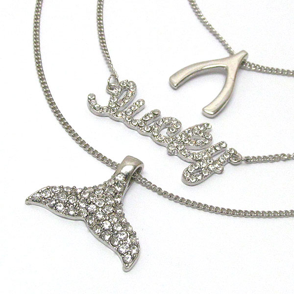 Lucky theme crystal whale tail and wish bone triple chain long necklace