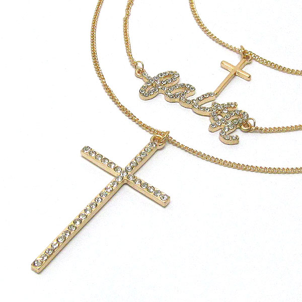 Faith theme crystal cross triple chain long necklace