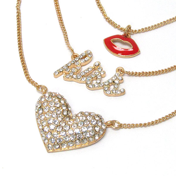Kiss theme crystal heart and epoxy lip triple chain long necklace