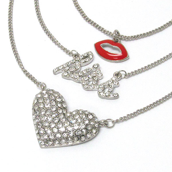 Kiss theme crystal heart and epoxy lip triple chain long necklace -valentine