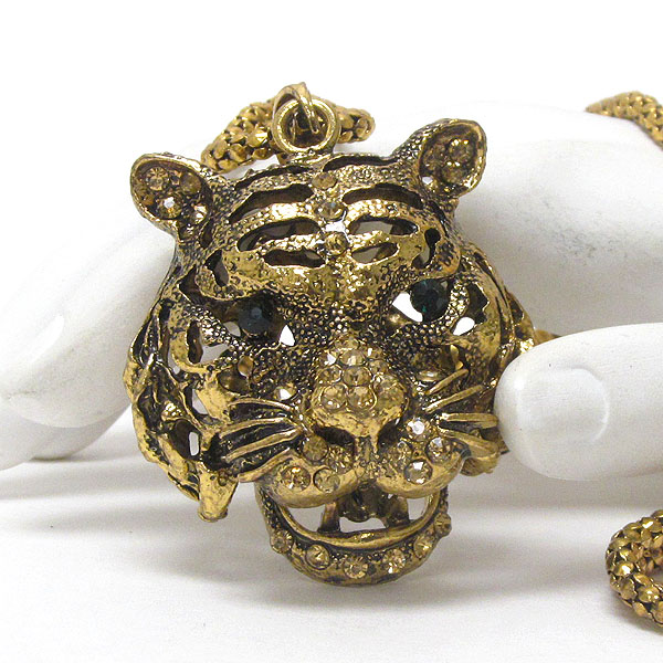Crystal deco tiger head pendant necklace