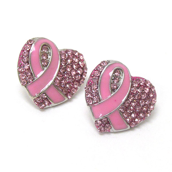 Crystal and epoxy deco pink ribbon and heart earring - breast cancer awareness