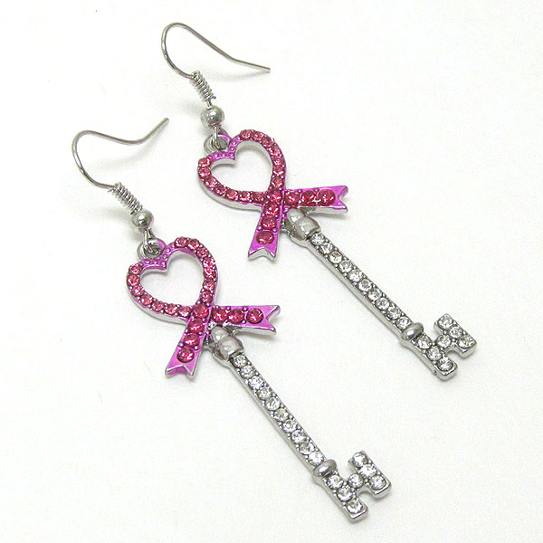 Crytal pink ribbon deco key earring - breast cancer awareness