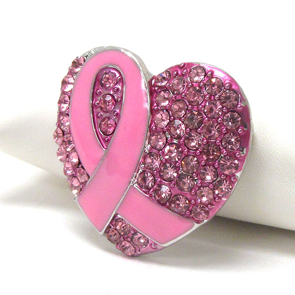 Crystal and epoxy deco pink ribbon and heart brooch or pin - breast cancer awareness