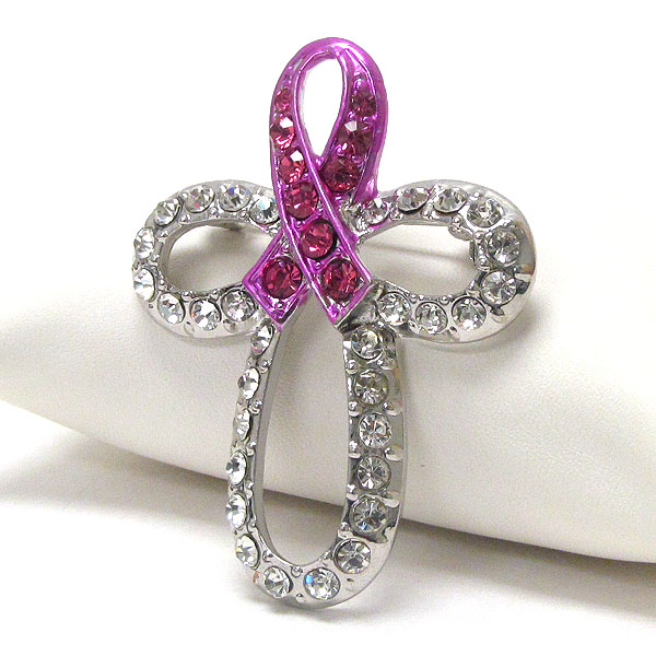 Crystal pink ribbon and cross brooch or pin - breast cancer awareness