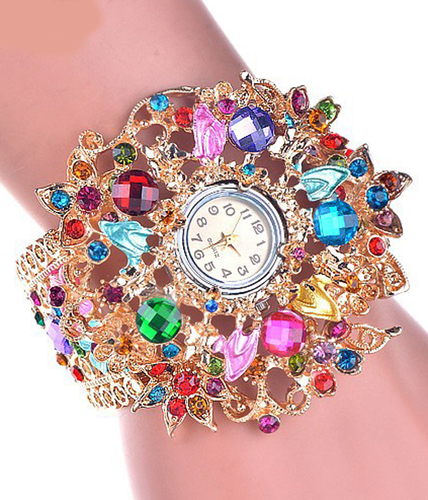 Crystal flower hinge bangle watch