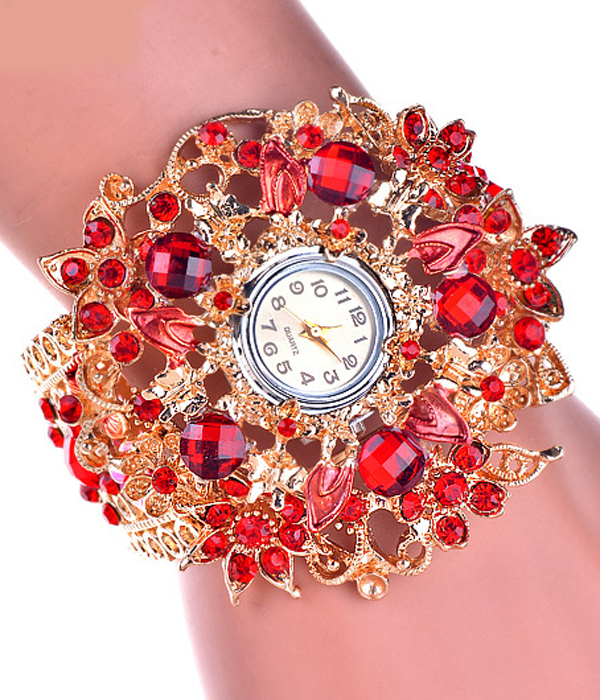 Crystal flower hinge bangle watch