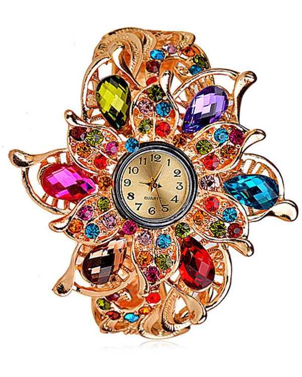 Crystal flower hinge bangle watch