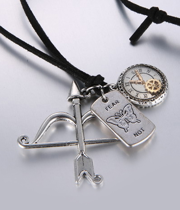 Vintage bow and arrow and adjustable leatherette chain necklace - fear not without change there would be no butterflies