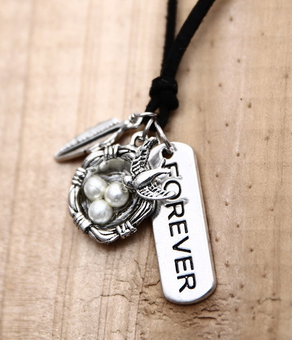 Vintage bird nest and adjustable leatherette chain necklace - forever
