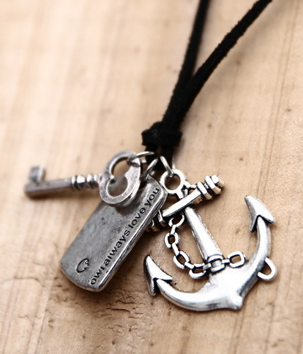 Vintage anchor and key and adjustable leatherette chain necklace - owl always love you