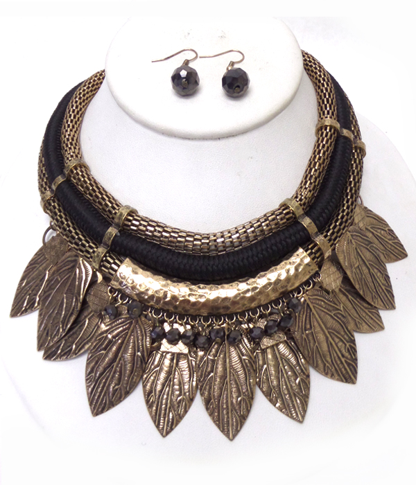 Tube chain and rope metal leaves drop necklace set