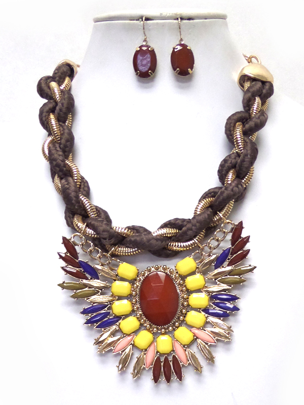 Twisted rope and chain multi crystals drop necklace set