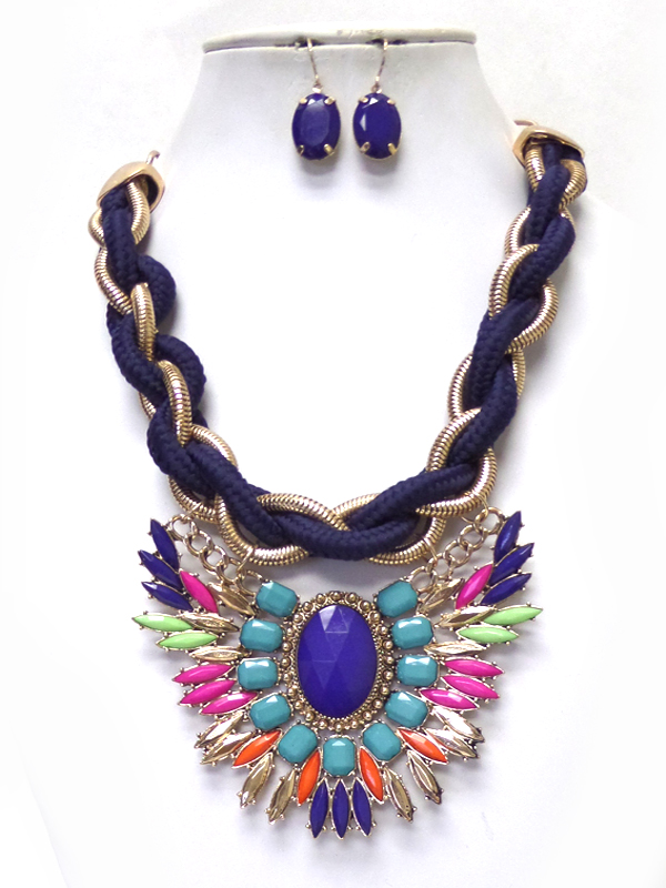 Twisted rope and chain multi crystals drop necklace set 