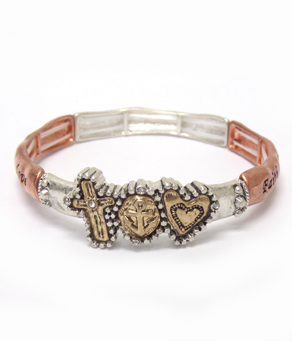 Religious theme cross anchor and heart stretch bracelet - faith hope love