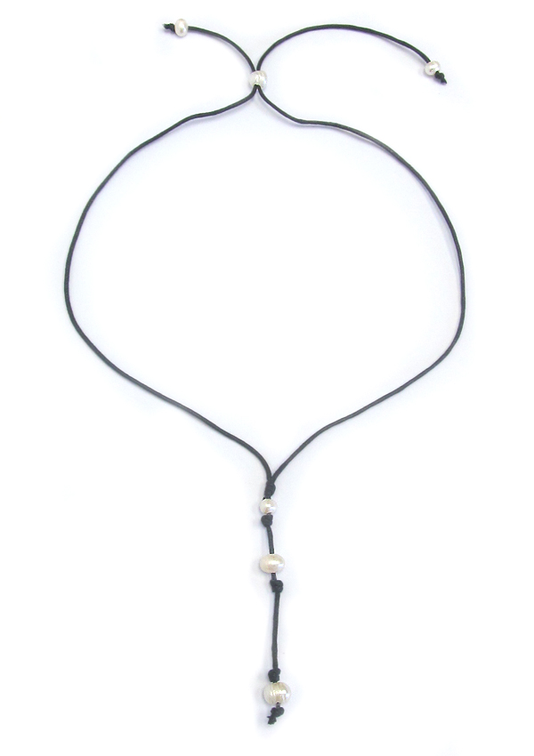 Freshwater pearl y shape leatherette cord  choker necklace