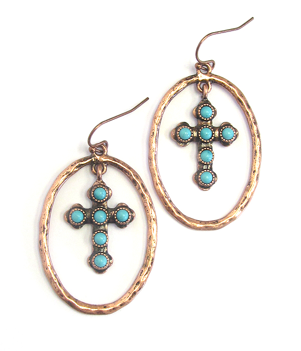 Turquoise cross and hammered oval hoop earring