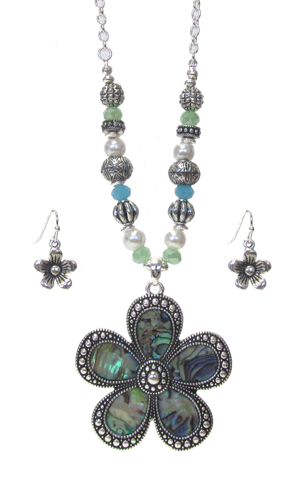 Abalone pendant and mix bead necklace set - flower
