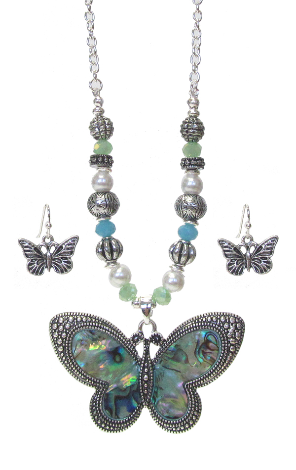 ABALONE PENDANT AND MIX BEAD NECKLACE SET - BUTTERFLY