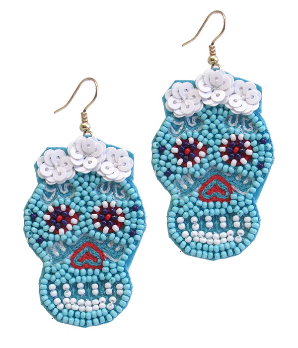 HANDMADE MULTI SEEDBEAD AND SEQUIN SUGAR SKULL EARRING