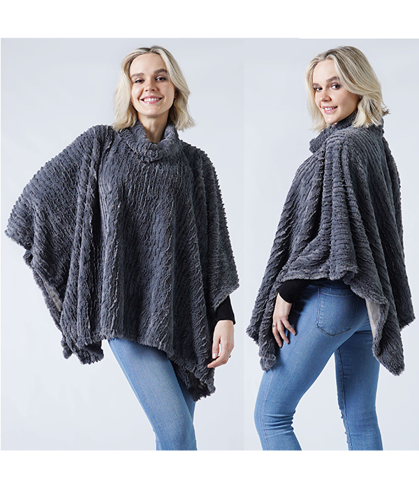 STRIPE PATTERN FAUX FUR PONCHO - 100% POLYESTER