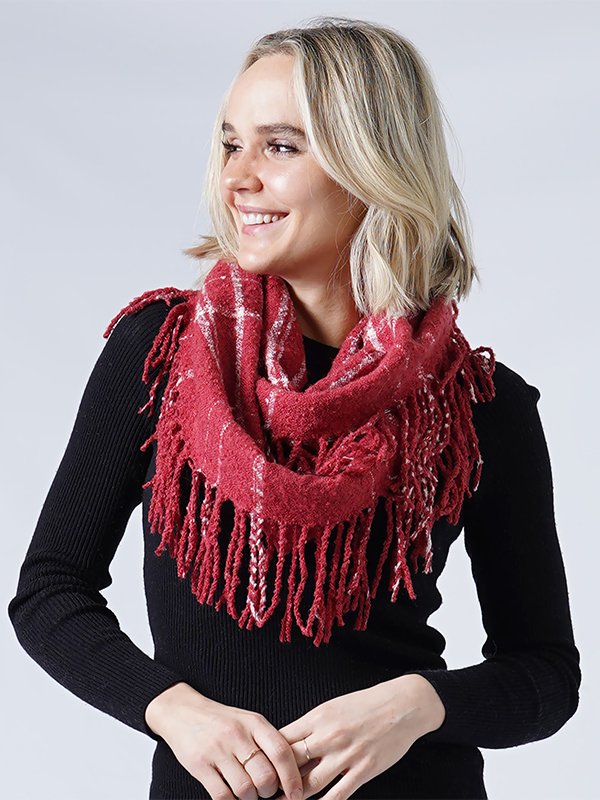 TWO TONE PLAID INFINITY SCARF WITH FRINGE - 100% ACRYLIC