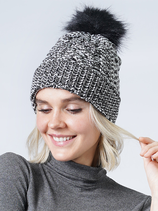 Multi color knit beanie with pompom - 100% acrylic