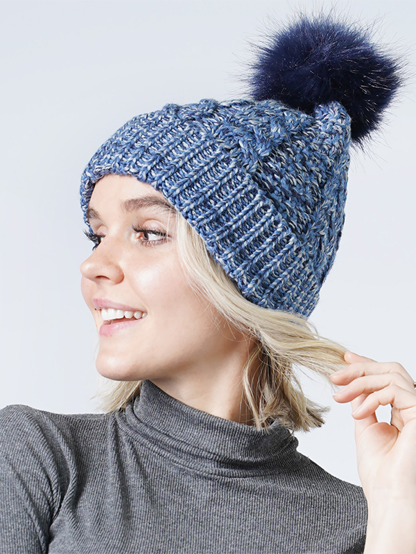 Multi color knit beanie with pompom - 100% acrylic