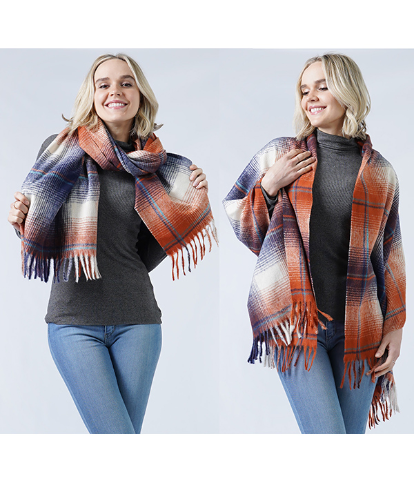 PLAID SOFT BLANKET SCARF WITH TASSEL - 100% POLYESTER