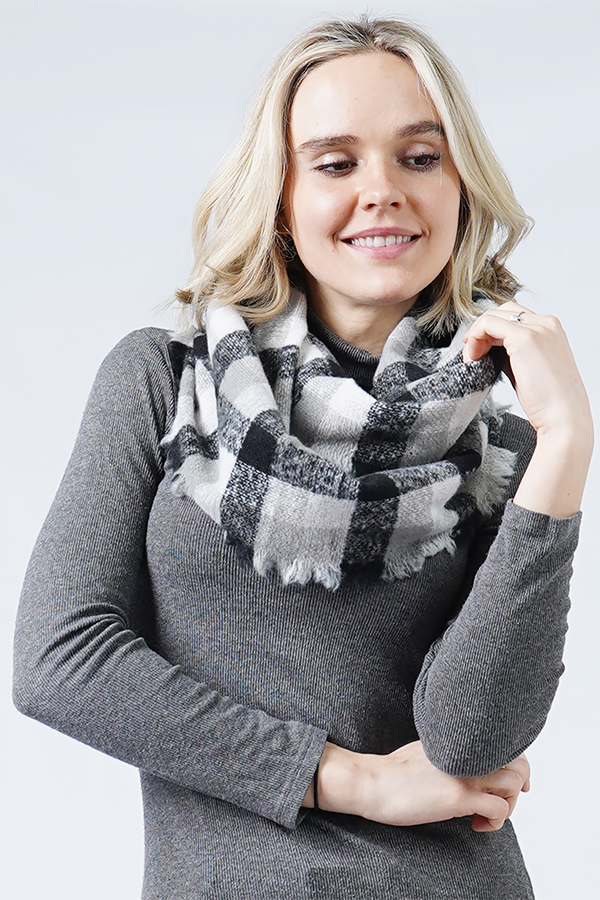 PLAID INFINITY SCARF WITH FRAYED EDGE - 100% POLYESTER
