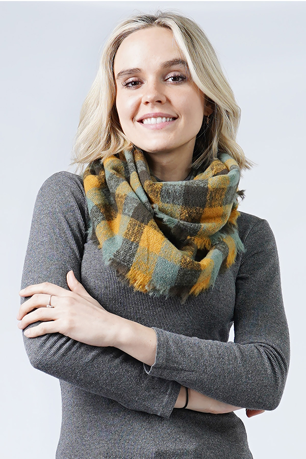 PLAID INFINITY SCARF WITH FRAYED EDGE - 100% POLYESTER